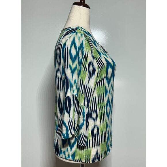 Chicos Top Womens Large 2 Blue Green Colorful Ikat Back Detail Bell Sleeve Rayon - Picture 4 of 11
